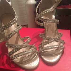 Muted gold & rhinestone strapping heels